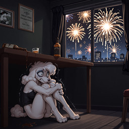 4th_of_july alcohol anthro beverage biped bodily_fluids female fireworks genitals hiding nervous pussy scared shaking shivering solo tears under_table anonymous_director invoke_high canid canine canis domestic_dog mammal poodle 1:1 hi_res