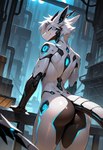anthro glowing glowing_markings industrial inviting looking_at_viewer looking_back machine male markings mythology rear_view smile smirk solo standing tail white_body drachenviech dragon mechanical_dragon mythological_creature mythological_scalie scalie absurd_res full-length_portrait hi_res portrait