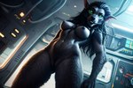 anthro big_breasts black_body black_fur blizzard_entertainment breasts canid canine female fur genitals green_eyes kauket kauket_blackmoore looking_at_viewer looking_down mammal matrix pussy solo space_station warcraft were werecanid werecanine worgen world_of_warcraft