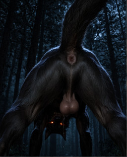 anthro anus balls black_body black_fur bodily_fluids butt detailed_fur forest fur genitals glowing glowing_eyes looking_at_viewer looking_through looking_through_legs male muscular_legs night outside perineum plant presenting presenting_anus presenting_hindquarters raised_tail realistic realistic_fur rear_view shrub solo tree delken canid canine mammal werecanid werecanine werecreature werewolf detailed hi_res