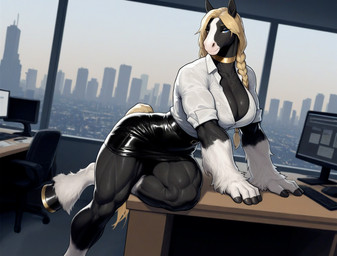 anthro black_body black_bottomwear black_clothing black_fur black_skirt blonde_hair blue_eyes bottomwear braided_hair choker city_skyline clothing computer female fur hair jewelry muscular muscular_female necklace office pencil_skirt shirt skirt solo topwear white_clothing white_shirt white_topwear anonymous_director clydesdale draft_horse equid equine horse mammal hi_res