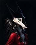 anthro black_and_white_fur breasts chest_tuft chin_tuft classy clothing dark_background facial_tuft female green_eyes hair looking_at_viewer messy_hair red_clothing red_shirt red_topwear shirt side_view small_breasts smile smiling_at_viewer solo topwear tuft oldhroft sergal dark_theme hi_res portrait