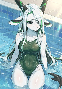 anthro black_nose cc-by-sa clothing eyeshadow female green_eyes green_eyeshadow hair horn long_hair makeup one-piece_swimsuit solo swimwear tail white_body anonymous_director libbie_the_spirit_oryx antelope arabian_oryx bovid grazing_antelope mammal oryx hi_res