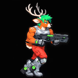 anthro antlers black_background blue_eyes boots bottomwear brown_body clothed clothing cybernetics footwear fur gloves green_hair gun hair handwear holding_gun holding_object holding_ranged_weapon holding_weapon horn machine male muscular muscular_anthro muscular_male orange_body orange_fur pants ranged_weapon science_fiction shirt simple_background solo tail tank_top topwear weapon thebigbradwulf buckshot_bruin_(thebigbradwulf) cervid humanoid mammal animated digital_media_(artwork)