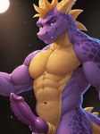 adzyx3m_(director) animal_genitalia anthro belly bodily_fluids dragon genital_fluids genital_slit genitals hi_res horn knot looking_at_viewer male multicolored_body muscular nude particles penile_spines penis precum purple_body purple_eyes purple_penis purple_scales scales scalie simple_background slit smile solo spots spyro spyro_the_dragon standing two_tone_body yellow_belly yellow_horn