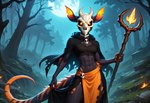 anthro black_body black_fur choker female fog forest fur glowing glowing_eyes horn jewelry looking_at_viewer mask moon necklace night orange_body orange_eyes orange_fur plant skull_mask solo staff standing tree woods fiery_fox furred_kobold kobold