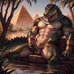 anthro balls bodily_fluids breasts egypt egyptian erection genital_fluids genitals green_body humanoid_genitalia humanoid_penis jewelry looking_at_viewer male muscular muscular_anthro muscular_male nude oasis outdoor_nudity outdoors outside penis precum pyramid smile solo swamp water thunderwolf sobek crocodile crocodilian crocodylid lizard reptile scalie absurd_res hi_res