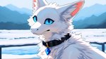 ambiguous_gender black_collar blue_eyes blue_jewelry blue_sclera blush blush_lines blushing_at_viewer collar feral fur gem inner_ear_fluff jewelry looking_at_viewer monotone_body mountains simple_background snow solo tuft white_body white_fur scalesai luna_(scalesai) dragon furred_dragon hi_res widescreen