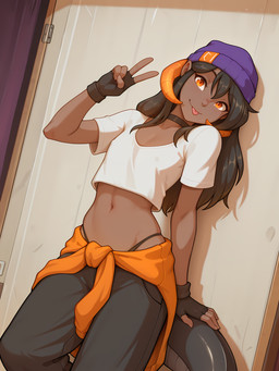 5_fingers anthro beanie black_hair blep bottomwear brown_body bulge choker clothed clothing crop_top female femboy fingerless_gloves fingers gesture gloves hair handwear hat headgear headwear jewelry long_hair long_tail looking_at_viewer male midriff mythology navel necklace orange_clothing orange_eyes pants shirt smile solo tomboy tongue tongue_out topwear underwear v_sign anontk twokinds madam_reni_(twokinds) animal_humanoid dragon dragon_humanoid humanoid mythological_creature mythological_scalie reptile scalie hi_res