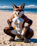 anthro beach bodily_fluids female genital_fluids genitals looking_at_viewer nude peeing public public_nudity pussy sand seaside smile solo squatting_female urine urine_on_ground watersports rinic_(director) canid canine fox mammal