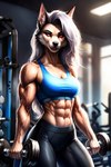 abs anthro background_gym biceps dumbbell exercise female simple_background slim solo standing sweating triceps veiny_arms veiny_biceps weights hellapoc loona_(helluva_boss) canid canid_demon demon hellhound mammal