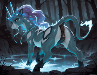 animal_genitalia animal_pussy anus bodily_fluids butt clitoral_winking clitoris dock_(anatomy) equine_pussy female feral forest genital_fluids genitals hooves ice looking_at_viewer night plant pond presenting presenting_hindquarters puffy_anus pussy pussy_juice quadruped raised_tail smile smiling_at_viewer solo standing tail tree nonimousmate nintendo pokemon equid equine generation_2_pokemon hybrid legendary_pokemon mammal pokemon_(species) suicune hi_res