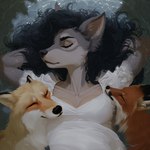 ambiguous_gender anthro black_ear_tips black_nose breasts cheek_tuft cleavage clothed clothing collarbone countershading dress eyebrows eyelashes eyes_closed facial_tuft female female/ambiguous feral flowing_hair fluffy frilly fur gradient_fur grey_body grey_fur group hair hands_behind_head inner_ear_fluff light lips orange_body orange_fur sleeping tan_body tan_fur trio tuft water wavy_hair wet sappy canid canine canis fox mammal wolf hi_res lighting oil_painting_(artwork) painting_(artwork) shaded traditional_media_(artwork)