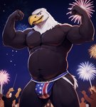 4th_of_july anthro beak blurred_background body_hair brown_body bulge clothing crowd feathers fireworks flexing group happy_trail jockstrap male manly musclegut muscular muscular_male navel night nipples outside smile smirk solo_focus standing stars_and_stripes teeth underwear united_states_of_america white_body yellow_beak fox1400 accipitrid accipitriform avian bald_eagle bird eagle sea_eagle absurd_res hi_res portrait three-quarter_portrait watermark