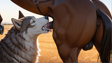 ambiguous_gender animal_genitalia animal_penis anus balls black_nose blue_eyes bodily_fluids brown_body brown_fur canine_ears canine_teeth cum cum_drip cum_in_mouth cum_inside deep_penetration deep_throat drinking drinking_cum dripping ejaculation equine_anus equine_genitalia equine_penis equine_tail fellatio feral field_background fluffy_fur fur genital_fluids genitals glistening glistening_balls glistening_genitalia grey_body grey_fur harness hooves intersex intersex/male leather leather_harness male oral penetration penile penis sex teeth tongue tongue_out toothy_fellatio white_body white_fur commander_(director) canid canine canis equid equine horse mammal wolf hi_res