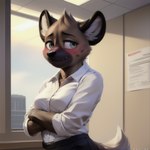 aggretsuko anthro belt black_nose blush bottomwear brown_body brown_fur clothing crossed_arms crossgender dress_shirt embarrassed female feralfresh fur green_eyes haida_(aggretsuko) head_tuft hi_res hyaenid inner_ear_fluff mammal mtf_crossgender nervous_smile office pants rolled_up_sleeves shirt solo solo_focus teeth topwear tuft white_body white_fur