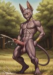 anthro armor balls big_ears blush bodily_fluids bracers claws cum cum_on_ground cumshot ear_cuff ejaculation erection forest genital_fluids genitals grimace hairless hand_on_penis humanoid_genitalia humanoid_penis jewelry long_tail looking_at_genitalia looking_at_penis looking_down male masturbating muscular muscular_male navel necklace nipples nude open_mouth outside penis plant purple_body saggy_balls solo standing teeth thin_tail thrusting tiptoes tree wide_stance aiaicaptain beerus domestic_cat felid feline felis hairless_cat mammal sphynx_(cat) hi_res