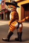 accessory angry_puppy anthro boots building clothing domestic_cat felid feline felis footwear green_eyes hat headgear headwear looking_at_viewer looking_back male mammal open_mouth panties puss_in_boots_(dreamworks) raised_tail solo standing town underwear