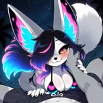 anthro beach bedroom_eyes big_breasts bikini bikini_top black_clothing black_hair black_sclera black_swimwear blush blush_lines bottomwear breasts claws cleavage clothed clothing detailed_background duo eyebrows eyelashes female finger_claws fingers first_person_view fur glowing glowing_eyes grey_body grey_fur hair hair_over_eye hand_on_cheek hand_on_face kemono long_hair looking_at_viewer male male/female male_pov married_couple multicolored_hair narrowed_eyes night one_eye_obstructed outside palm_tree pink_eyes plant purple_eyes seaside seductive sky smile solo_focus star starry_sky swimming_trunks swimwear tail tree tuft water white_body white_fur thebigbradwulf brad_wulf_(thebigbradwulf) nyx_(thebigbradwulf) canid canine canis fennec fox humanoid mammal true_fox wolf animated digital_media_(artwork) webm
