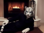 anthro felid fireplace fur male mammal merkindesr pantherine seductive solo stripes tiger white_body white_fur