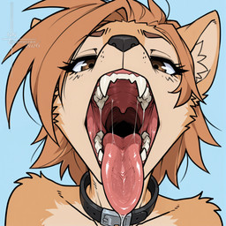 anthro black_eyelashes black_nose bodily_fluids brown_eyes close-up collar collar_only countershading_fur eyebrows fangs female fisheye_lens fluffy fluffy_fur fur gaping gaping_mouth glistening hair looking_at_viewer low-angle_view mouth_shot nude open_mouth orange_body orange_fur orange_hair perspective prick_ears saliva saliva_string simple_background solo teeth tongue tongue_out tuft wide_angle_lens numeradin canid canine canis mammal wolf headshot_portrait hi_res portrait