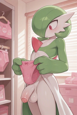 anthro balls blush clothing foreskin genitals green_body looking_at_panties male panties penis pink_clothing pink_panties pink_underwear red_eyes solo standing underwear white_balls white_body white_penis nintendo pokemon gardevoir generation_3_pokemon pokemon_(species)
