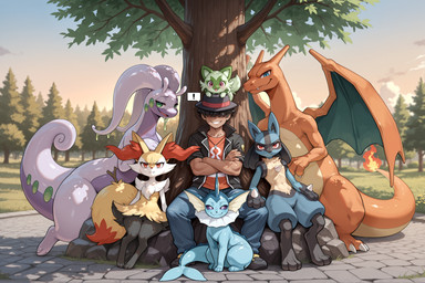 3_fingers 3_toes ambiguous_gender antennae_(anatomy) anthro belly biped black_body black_clothing black_footwear black_fur black_hair black_hat black_headwear black_shoes black_topwear blue_body blue_bottomwear blue_clothing blue_eyes blue_fur blue_pants blue_skin blue_tail bottomwear chest_tuft claws clothed clothed_human clothing countershading crossed_arms cute_fangs day detailed_background digitigrade dipstick_tail ear_fins ear_frill exclamation_point eyelashes facial_markings fangs feet female feral fin finger_claws fingers fire flaming_tail footwear frill_(anatomy) fully_clothed fur grass green_body green_eyes green_fur grin group hair hat head_markings headgear headwear horn inner_ear_fluff jacket leaf light long_neck looking_at_viewer male male_human markings membrane_(anatomy) membranous_frill membranous_wings multicolored_body multicolored_fur multicolored_scales multicolored_tail mythology narrowed_eyes nude orange_body orange_scales orange_skin orange_tail outside pants paws plant plantigrade purple_body purple_eyes purple_skin purple_tail quadruped red_body red_clothing red_eyes red_hat red_headwear red_shirt red_topwear rock scales shirt shoes sitting size_difference sky smile spikes spikes_(anatomy) spread_wings stick tail tail_fin tail_markings tan_belly tan_body tan_countershading tan_fur tan_scales tan_skin tan_tail teeth thick_tail toe_claws toes top_hat topwear tree tuft two_tone_body white_body white_claws white_fur white_skin wings yellow_body yellow_fur k01 nintendo pokemon pokemon_trainer braixen canid canine charizard dragon eeveelution felid generation_1_pokemon generation_4_pokemon generation_6_pokemon generation_9_pokemon goodra human lucario mammal mythological_creature mythological_scalie pokemon_(species) scalie sprigatito vaporeon invalid_tag detailed digital_media_(artwork) hi_res shaded