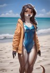 anthro beach brown_body brown_eyes brown_fur brown_hair clothed clothing cloudy female fur hair jacket long_hair looking_at_viewer one-piece_swimsuit seaside smile solo standing swimwear topwear water wave director_crashbandit lutrine mammal mustelid hi_res novelai