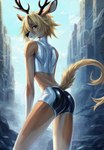 anthro bedroom_eyes blonde_hair butt cervid clothed clothing femboy hair hi_res latex_pants male mammal narrowed_eyes pose presenting presenting_hindquarters rubber rubber_clothing rubber_suit seductive skimpy solo tease