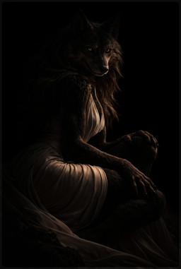 anthro cinematic claws clothing dark_background dress fantasy female fur gothic mythology night photorealism realistic_fur shadow simple_background solo miracleofmystery canid canine canis humanoid mammal werecanid werecanine werecreature werewolf wolf absurd_res digital_media_(artwork) hi_res portrait
