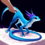 ambiguous_gender belly blue_body blue_scales bodily_fluids cute_expression dripping feathers holding_tail mouth_closed saliva saliva_drip saliva_string scales solo_focus white_belly white_body white_scales forsaken gecko human lizard mammal reptile scalie