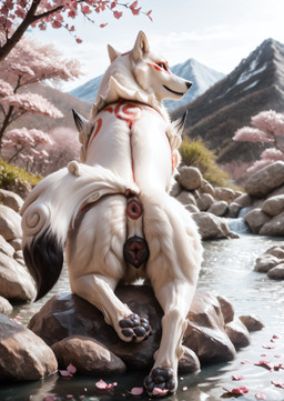 animal_genitalia animal_pussy anthro anus black_tail_tip canine_genitalia canine_pussy cherry_blossom cherry_blossom_tree cherry_tree female fruit_tree genitals markings mountains nude outdoor_nudity outside plant pussy red_markings river rock solo tail tree crimson_fenrir_(director) okami_(capcom) amaterasu_(okami) canid canine canis mammal wolf hi_res