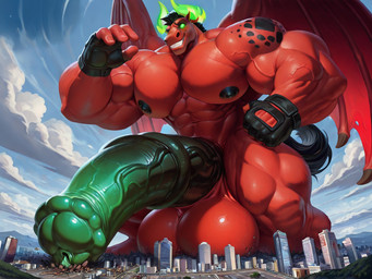 abs animal_genitalia animal_penis anthro balls biceps big_balls big_muscles big_penis black_hair black_nipples black_tail building city clothing cloud day destruction empty_eyes equine_penis erection fingerless_gloves fingers genitals giga gloves glowing glowing_eyes glowing_horn green_eyes green_horn green_penis hair handwear horn horse_tail huge_balls huge_muscles huge_penis hyper hyper_balls hyper_genitalia hyper_penis landscape_dwarfing macro male medial_ring membrane_(anatomy) membranous_wings muscular muscular_anthro muscular_legs muscular_thighs nipples outside pecs penis red_balls red_body red_skin red_wings sky smile solo spread_wings teeth vein wings theflagellant equid equine horse mammal
