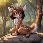 anthro antlers brown_body brown_eyes brown_fur brown_hair cervid female forest fur hair horn mammal multicolored_body multicolored_fur neutron_alchemist nude plant sitting smile solo spots tree two_tone_body two_tone_fur two_tone_tail white_body white_fur young