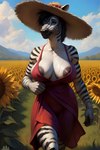 anthro areola bodily_fluids clothed clothing dress female flower muscular nature nipple_outline nipple_slip plant red_clothing red_topwear skimpy solo solo_focus stripes sunflower sweat sweating_profusely topwear equid equine mammal zebra absurd_res attempted_signature hi_res