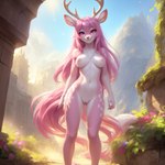 anonymous_director anthro breasts cervid detailed_background female fur genitals hair looking_at_viewer mammal multicolored_body multicolored_fur outside pink_hair pussy solo two_tone_body two_tone_fur