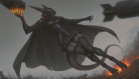 anthro armor battle bottomwear breasts cape clothing dark_clothing destruction digitigrade dragoness faceless_character female floating garter_straps leg_armor legwear long_tail mythology overcast skirt sky smoke solo thigh_highs crusader_(director) artillery_witch dragon mythological_creature mythological_scalie scalie hi_res