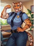 anthro belt big_breasts breasts chair clothing confident female flexing flexing_biceps furniture hand_on_hip holster inside looking_at_viewer muscular muscular_female narrowed_eyes necktie plant police_uniform pose presenting smile solo standing stripes tight_clothing uniform whiskers anonymous_director felid mammal pantherine tiger hi_res