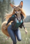 anthro blonde_hair bottomwear brown_eyes clothed clothing denim denim_clothing digitigrade female field forest fur hair jacket jeans long_hair looking_at_viewer pants plant running shirt smile solo topwear tree yellow_body yellow_fur director_crashbandit canid canine fox mammal hi_res novelai