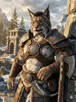 anthro armor axe brown_body brown_fur clothing fur horn_jewelry male melee_weapon muscular muscular_anthro muscular_male outside ruins snow solo thong underwear weapon yellow_eyes sweet_husbando skyrim the_elder_scrolls felid feline khajiit lynx mammal absurd_res hi_res