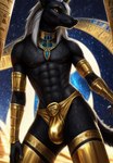 anthro anubian_jackal bulge canid canine canis clothed clothing collar gold_(metal) gold_jewelry hair hi_res jackal jewelry latex long_hair male mammal skimpy sky solo star underwear white_hair