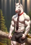 abs absurd_res anthro bottomwear bulge bumblebee95 clothing detailed_background equid equine hand_in_pocket hi_res horse male mammal muscular necktie pecs pockets realistic shorts solo standing