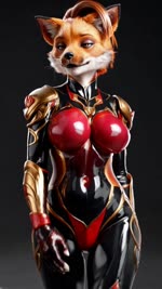 anthro armor black_body breasts claws clothing female fur hair inner_ear_fluff latex medium_breasts orange_body orange_fur orange_hair red_body solo suit tuft walking krimsonking canid canine fox mammal animated hi_res webm