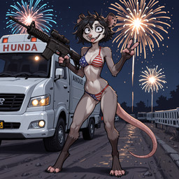 4th_of_july anthro bikini biped clothing ear_piercing facial_piercing female firearm fireworks nose_piercing piercing ranged_weapon solo swimwear truck_(vehicle) vehicle weapon anonymous_director invoke_high american_opossum didelphid mammal marsupial virginia_opossum 1:1 hi_res