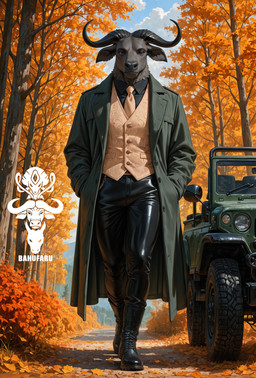 anthro autumn autumn_leaves autumn_trees black_boots black_clothing black_footwear black_horn black_leather black_leather_pants black_nose black_shirt black_topwear boots bottomwear clothing cloud coat footwear fur green_clothing green_coat green_topwear grey_body grey_eyes grey_fur hand_in_pocket horn jeep leather leather_boots leather_bottomwear leather_clothing leather_footwear leather_pants long_coat male mouth_closed necktie pants path pockets road shirt sky solo tan_clothing tan_necktie tan_topwear tan_vest topwear vest walking bahufaru balus_bubalis bovid bovine mammal true_buffalo water_buffalo hi_res