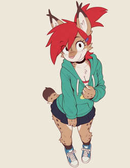 accessory anthro bottomwear breasts choker clothing female hair hair_accessory hairclip hoodie jewelry looking_at_viewer necklace ponytail presenting presenting_breasts red_hair skirt smile topwear verbotenvertex frankie_foster felid feline lynx mammal hi_res