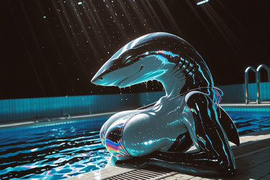 anthro big_breasts bikini breasts clothing female fin glistening glistening_body inside iridescent looking_at_viewer pool poolside smile smirk solo swimming_pool swimwear upper_body water wet wet_body white_body kbi fish humanoid marine shark