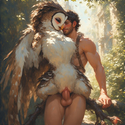 anthro balls beak beard bedroom_eyes blush day duo erection facial_hair feathers female female_penetrated feral forest genitals hair human_on_anthro human_penetrating humanoid_genitalia humanoid_penis interspecies light looking_pleasured male male/female male_penetrating multicolored_body muscular muscular_male narrowed_eyes nature nude on_bottom on_top outdoor_nudity outside outside_sex penetration penile penis plant presenting pussy reverse_cowgirl_position seductive sex spreading standing standing_sex straps sunlight tree tuft vaginal vaginal_penetration white_body wings extravirginweaseloil avian bird human humanoid mammal owl hi_res