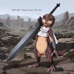 anthro armor big_claws black_sclera bottomless bracers breasts chest_wraps claws clothed clothing depth_of_field dialogue duo eyelashes fantasy female female_anthro genitals grey_eyes looking_at_viewer looking_up medieval melee_weapon mostly_nude mountains open_mouth outside pussy scarf sword talking_to_viewer text under_boob weapon wraps terraraptor world_of_midria mammal pangolin director_name english_text hi_res
