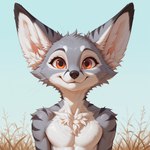 anthro athletic black_ear_tips black_stripes blue_sky cheek_tuft chest_tuft facial_tuft fangs fluffy_ears grass grey_body inner_ear_fluff looking_at_viewer male orange_eyes plant sky smile smiling_at_viewer solo stripes tuft whiskers white_body medlem canid canine fox mammal vulpera hi_res icon